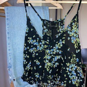 Reformation Floral V-Neck Crop Top MEDIUM Black & Blue